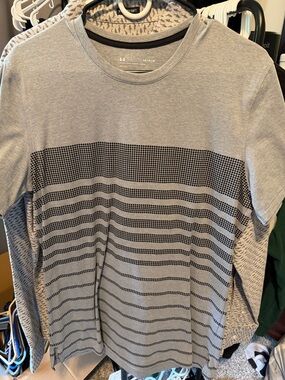Under Armour Gray and Black Striped Long Sleeve Performance Tee